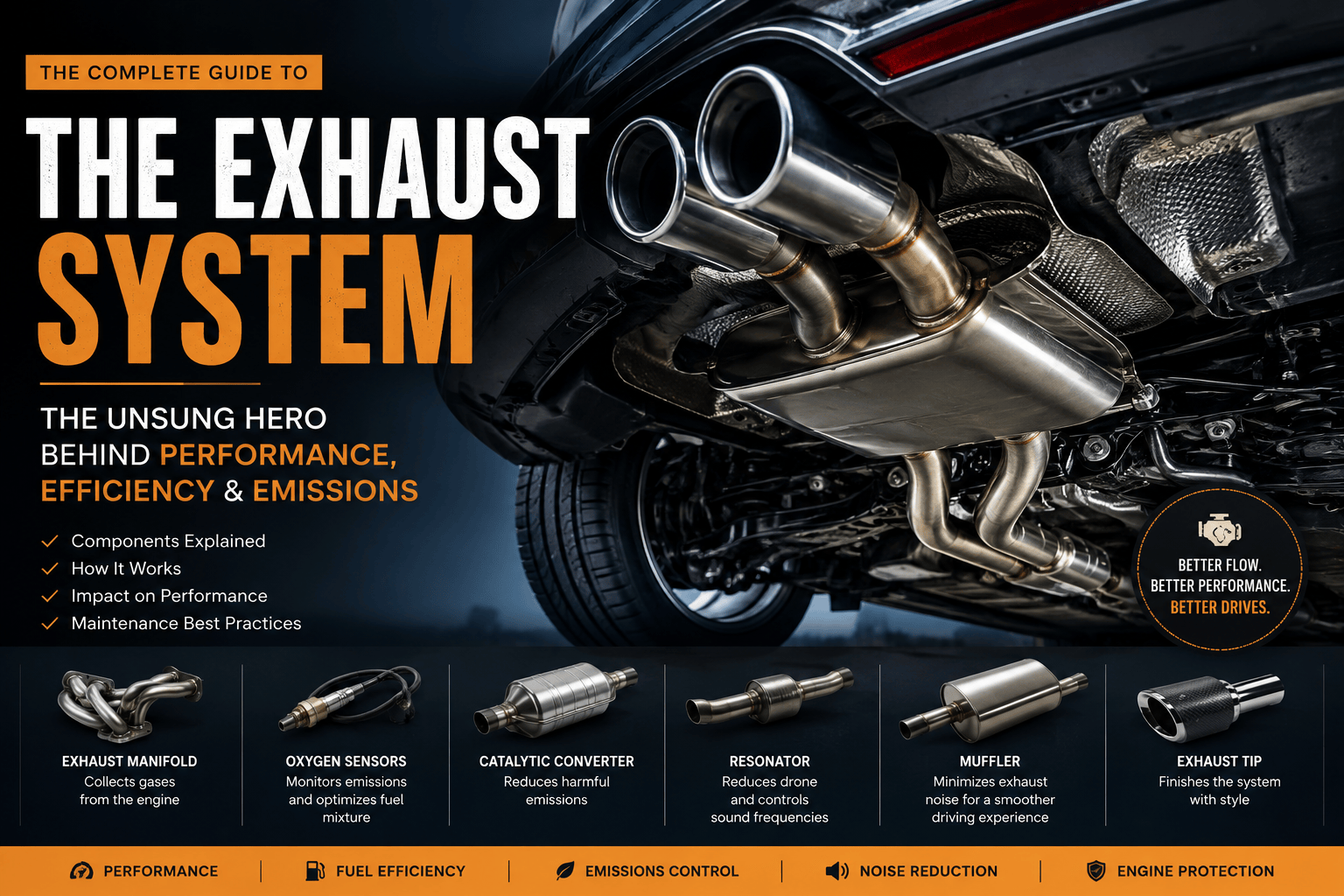 Your car’s exhaust system is far more than a collection of pipes making noise—it plays a crucial role in engine performance, emissions control, heat management, and overall vehicle efficiency. In this guide, we break down the key components of the exhaust system, explain how they work together, and explore how exhaust design affects engine performance. From exhaust manifolds and oxygen sensors to catalytic converters, resonators, and mufflers, discover what each component does and why it matters. We’ll also cover common warning signs, maintenance best practices, and what to consider before upgrading your exhaust for better performance.