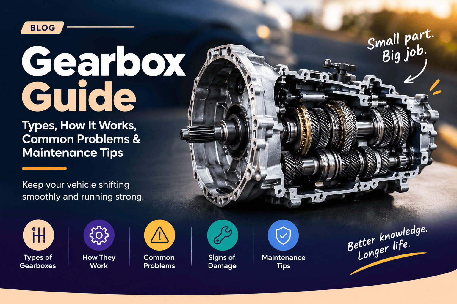 Learn what a gearbox is, how it works, and the different types of transmissions, including manual, automatic, CVT, DCT, AMT and EV gearboxes. Discover common gearbox problems, causes of damage, warning signs and essential maintenance tips to extend transmission life.