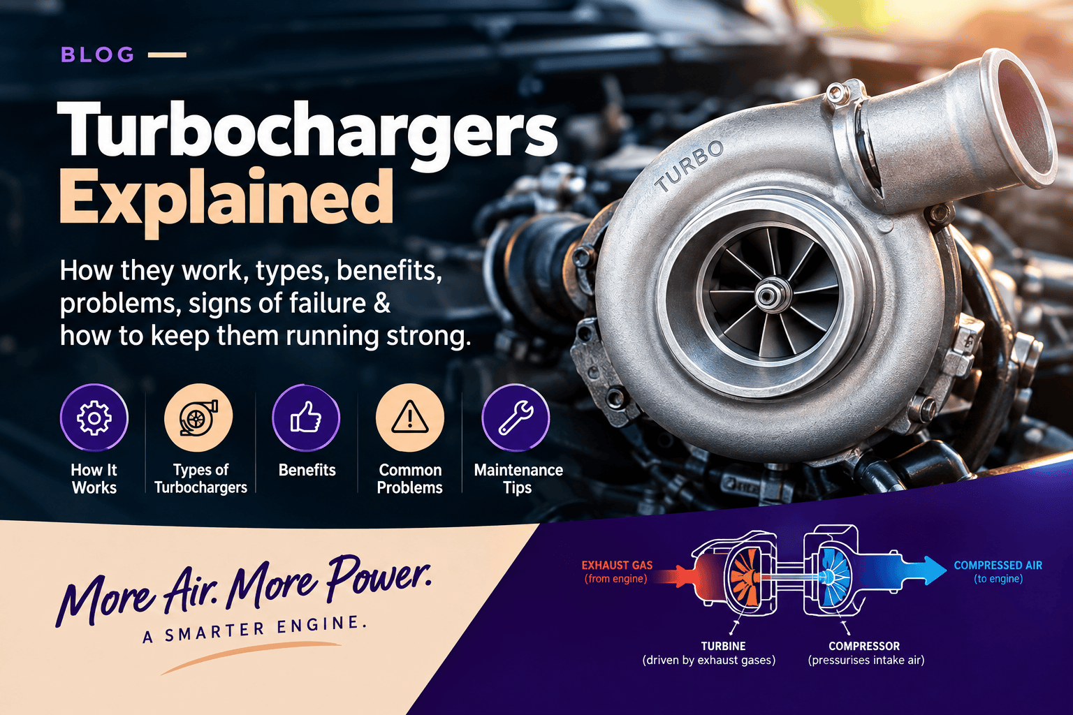 Learn how turbochargers work, the different types of turbochargers, their benefits and drawbacks, what causes turbo failure, common warning signs, and how to keep your turbocharger performing at its best.