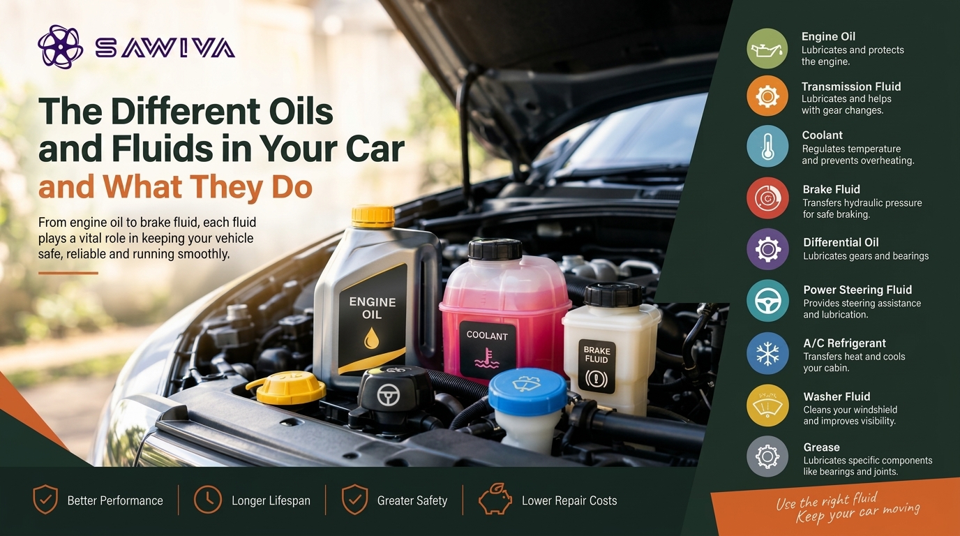 Discover the different oils and fluids your car needs and understand what each one does. From engine oil, coolant and brake fluid to transmission fluid, differential oil and A/C refrigerant, this guide explains their purpose, why they matter, signs of fluid problems, and how using the correct fluid can help keep your vehicle safe, reliable and running efficiently.